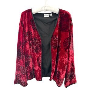 CHICO’S Crushed Velvet Open Front Jacket Red Black Burnout Evening | Size 3 XL